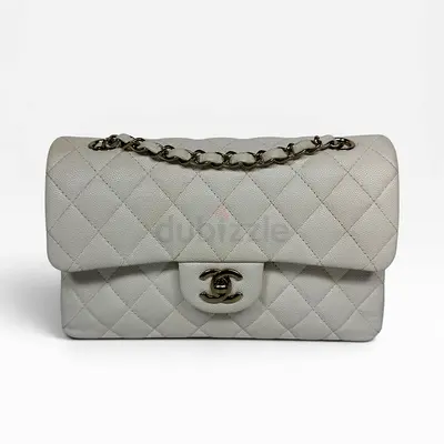 CHANEL SMALL CLASSIC DOUBLE FLAP IN WHITE CAVIAR LEATHER WITH GOLD HARDWARE