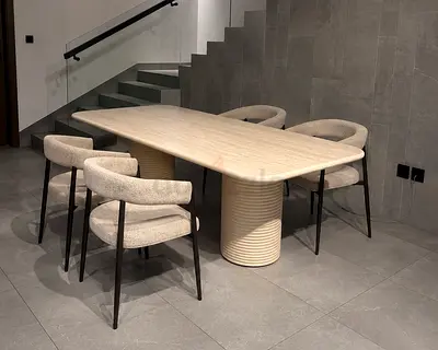 Modern Curved Arm Dining Chair - Light Fabric, Black Metal Legs