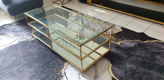 Goldstone Glass Top Rectangular Coffee Table with Shelves