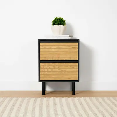 Levi 2 Drawer Bedside Table | Modern Nightstand with Wooden Finish Black Frame