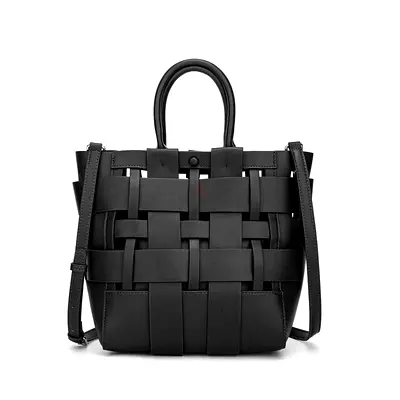 Black woven leather tote bag with detachable shoulder strap