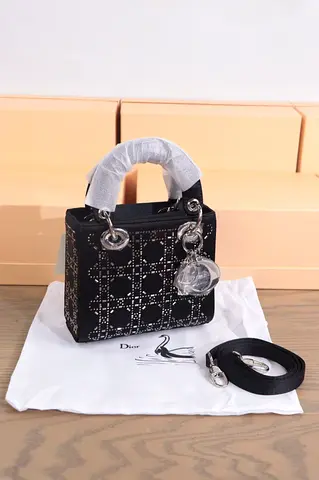 Black Dior Lady Dior Mini Cannage Embellished Handbag with Strap
