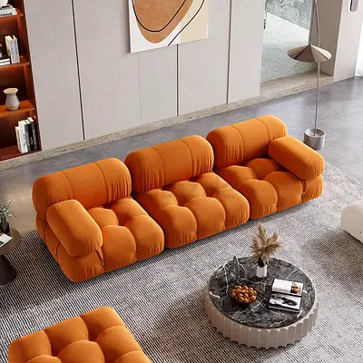 Modern Modular Orange 3-Seater Sofa — Plush Tufted Design