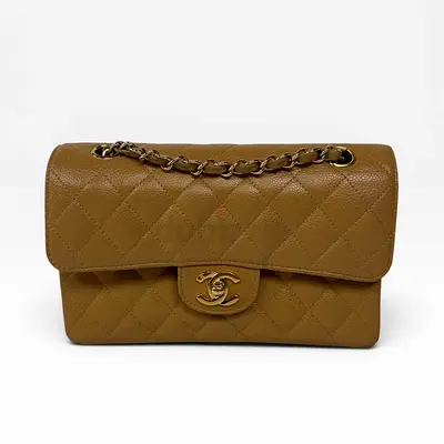CHANEL SMALL CLASSIC DOUBLE FLAP IN BEIGE CAVIAR LEATHER WITH GOLD HARDWARE