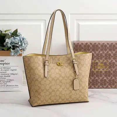 Master copy - Coach Beige Signature Canvas Tote Bag with Leather Trim