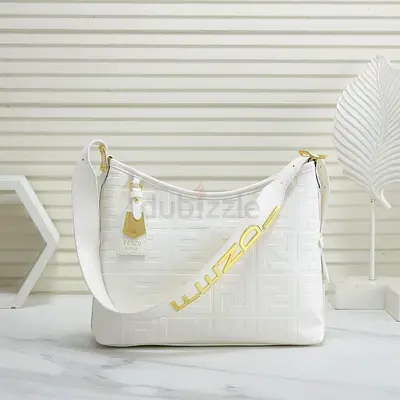 White Fendi Embossed Leather Shoulder Bag with Gold Hardware