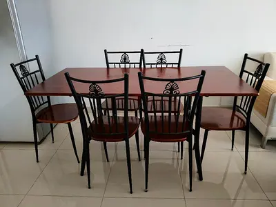 Wood cast iron antique dinning table with 6 chairs