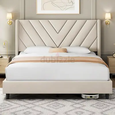 Modern Grey Upholstered Bed Frame with Headboard - Queen