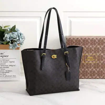 Master copy Coach Brown Signature Canvas Tote Bag with Gold Turnlock
