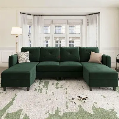 New Dark Green L-Shaped Upholstered Sofa with Chaise - Premium Finishing