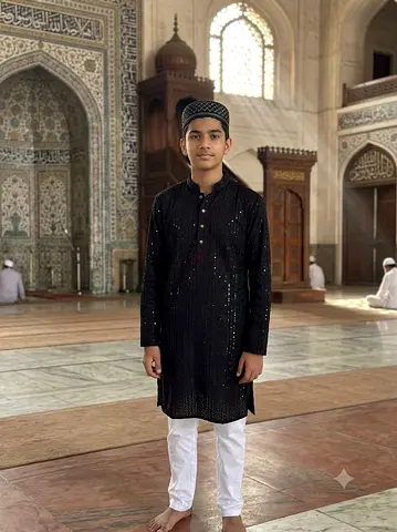 Black Embellished Kurta for Boys — Traditional Eid Outfit (Size approx. teen)