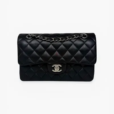 CHANEL SMALL CLASSIC DOUBLE FLAP IN BLACK LAMBSKIN LEATHER WITH SILVER HARDWARE