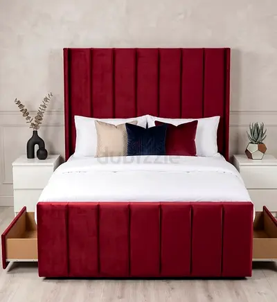 Red Velvet Bed with Storage Drawers and High Headboard