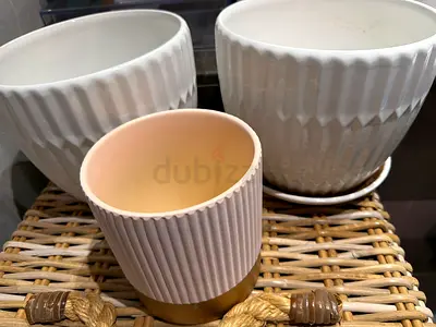 Set of 3 Ceramic Plant Pots with Ribbed Texture (White  Beige)