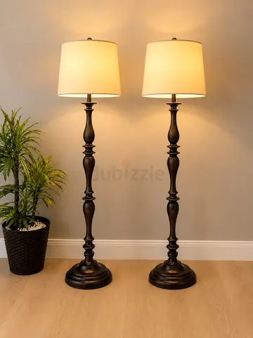 Pair of classic wooden floor lamps with fabric shades — set of 2