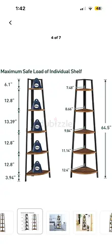 Corner Ladder Shelf 5-Tier — Wooden Shelves with Metal Frame, 64.5in