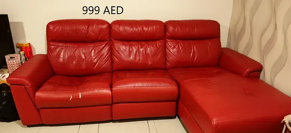 Red Leather 3-seater Sofa with Chaise - Good Condition, 999 AED