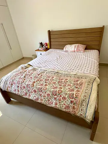 Solid wood queen bed frame with headboard - good condition