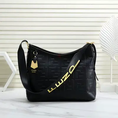 Master copy of Black Fendi Embossed Leather Shoulder Bag with Wide Logo Strap