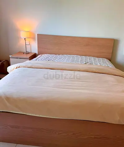 bed frame (beige colour) with headboard, drawer,nightstand - good condition (without mattress)