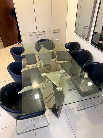 Glass Dining Table with 6 Black Leather Chairs - Modern Set