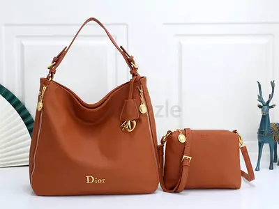 Brown Dior-style Leather Tote with Matching Crossbody Bag - Set of 2