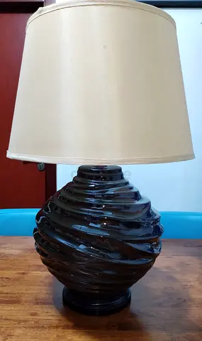 Dark ceramic table lamp with beige fabric shade - working condition