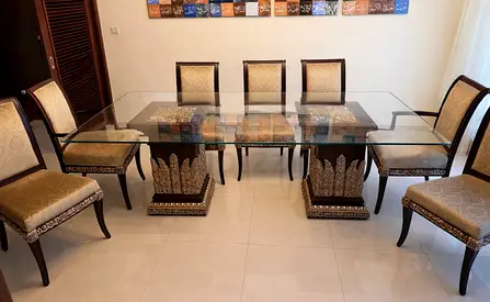 Stunning 8-Seater Glass Top Dining Table with Upholstered Chairs