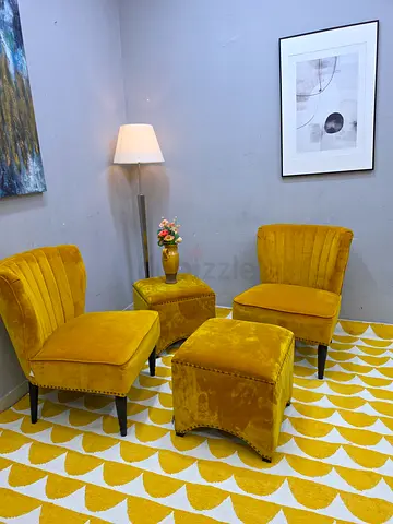 Yellow Velvet Armchairs and Ottomans Collection