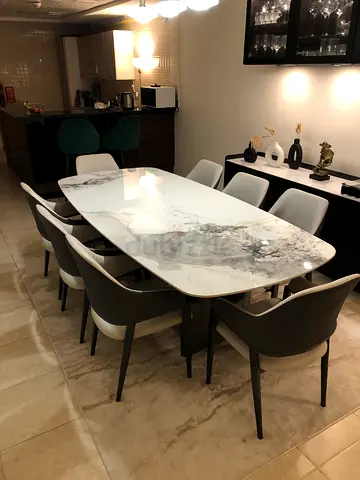 Marble-effect Oval Dining Table with 8 Modern Chairs - Excellent Condition