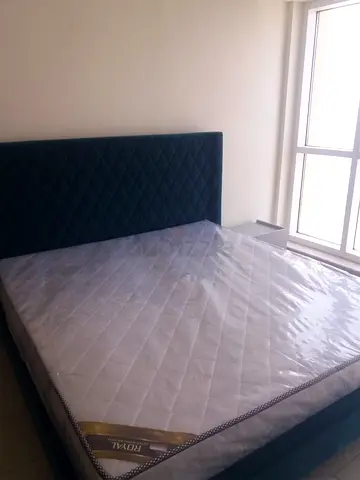 Queen bed frame with mattress - velvet headboard,