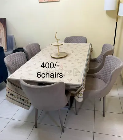 Dining table with 6 upholstered chairs - neutral grey set