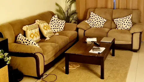 Beige 3-seater and 2-seater sofa set with coffee table