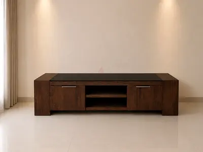 Modern Dark Wood TV Stand with Storage Cabinets and Open Shelving