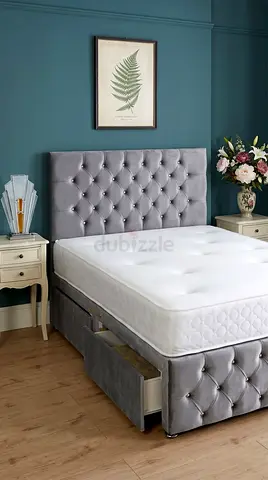 Grey Velvet Tufted Divan Bed with Storage Drawer