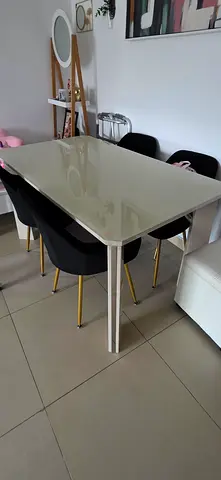 White glass dining table with 3 black velvet chairs (gold legs) - Good condition