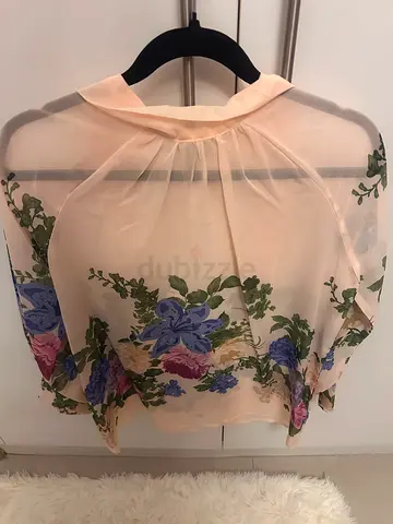 Lightweight Sheer Floral Scarf / Wrap - Peach with Blue  Pink Flowers