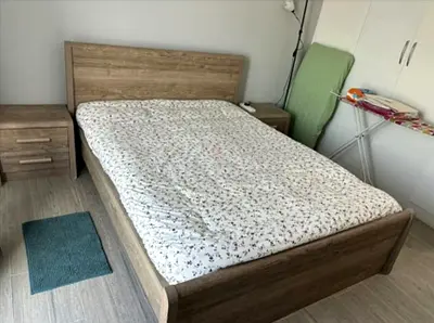 Wood-effect double bed frame with matching 2 bedside table - good condition