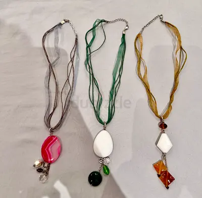 3 Handmade Pendant Necklaces with Organza Ribbons — Pink, Green, Amber