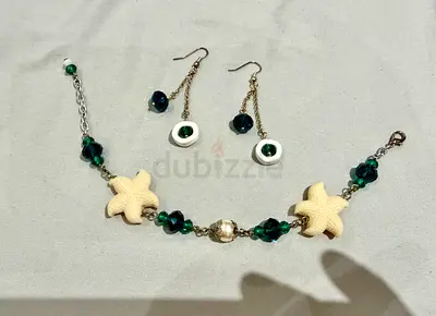Handmade starfish bracelet and matching blue bead drop earrings set