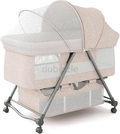 Portable Bedside Bassinet/Crib with Mosquito Net, Wheels Storage (Khaki)