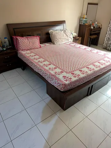 Solid wood king bed frame with mattress - dark brown