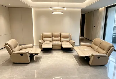 Beige Leather Reclining Sofa Set - 3-seater + 2+1 Recliners