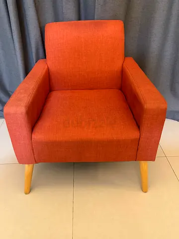Orange Fabric Armchair with Wooden Legs - Good Condition