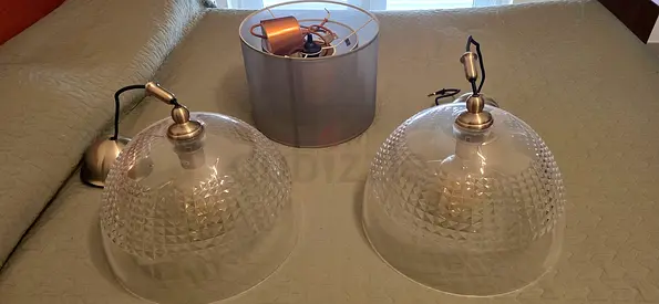 Set of 2 Glass Pendant Light Shades with Ceiling Rose - Used