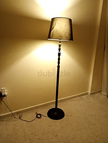 Black standing floor lamp with fabric shade - good working condition