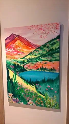 Hand-painted landscape acrylic canvas — vibrant mountain and lake scene