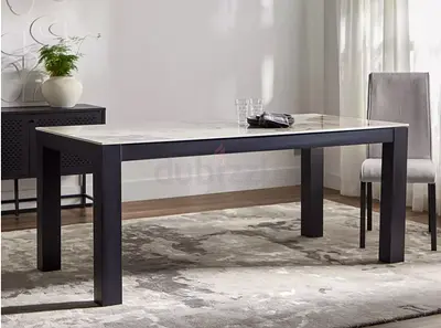 Marble-Top Dining Table with Dark Steel Base - Seats 6