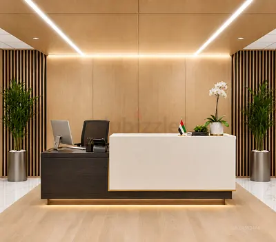 Modern Reception Desk with Integrated Workstation and LED Base Lighting