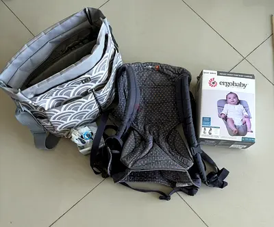 Baby bag, ergo baby carrier, ear defenders
